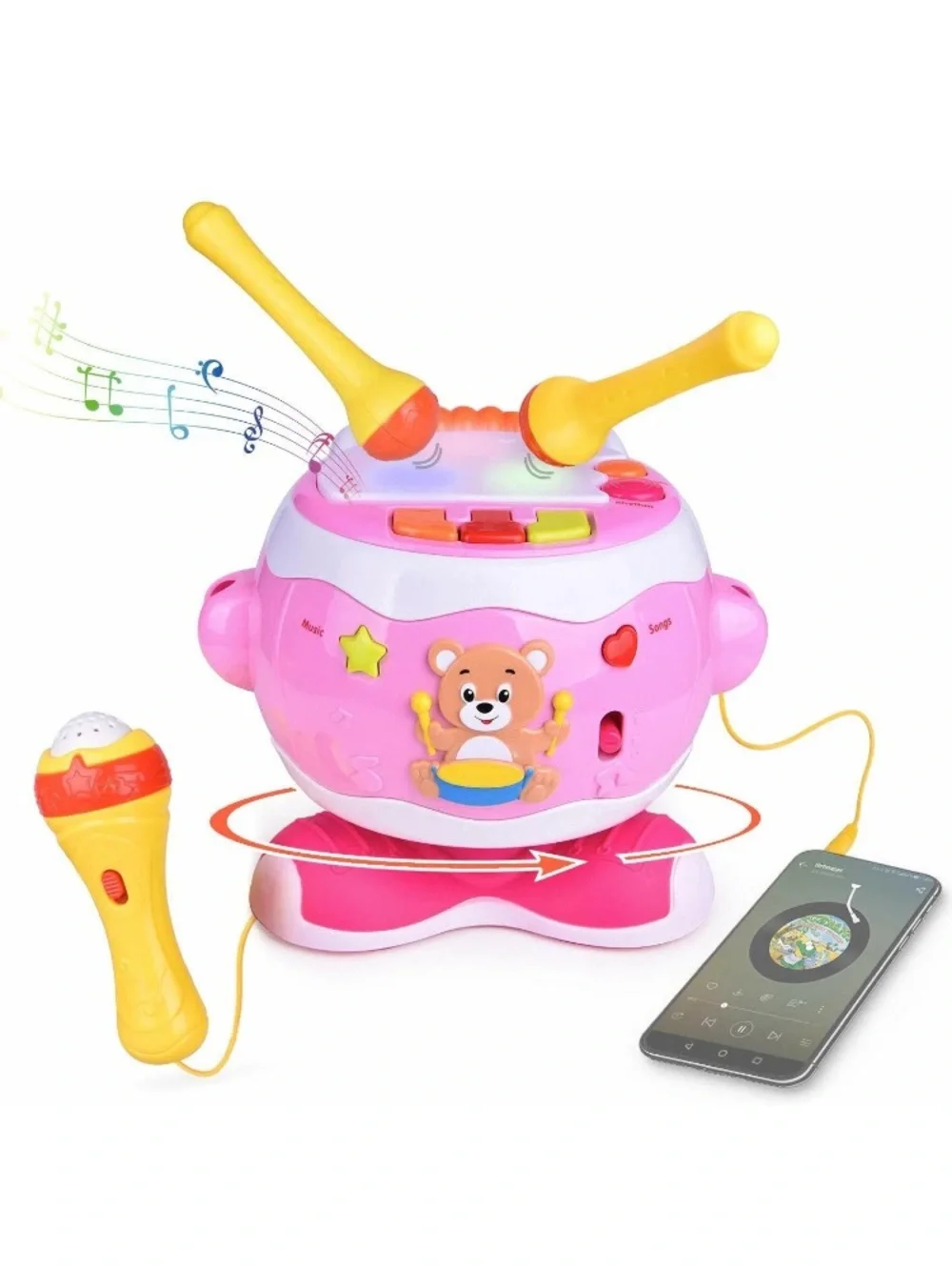 Pink Bear Musical Drum Toy with Microphone - Interactive Pink Rhythm Set